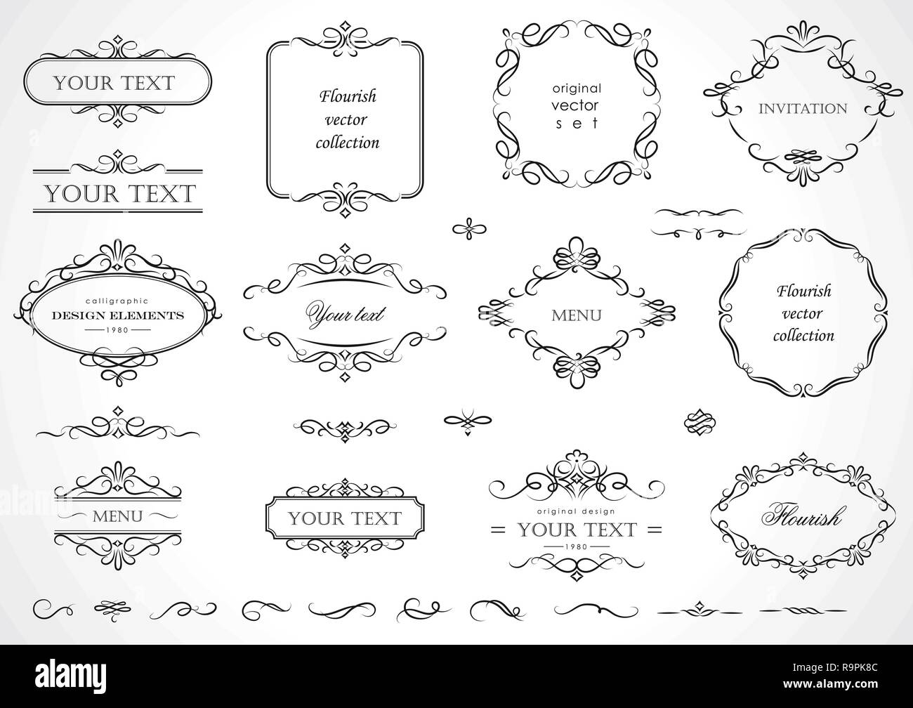 Set di cornici fioriscono, i bordi delle etichette. Collezione originale di elementi di design. La calligrafia del vettore volute, swashes, motivi ornati e pergamene. Illustrazione Vettoriale