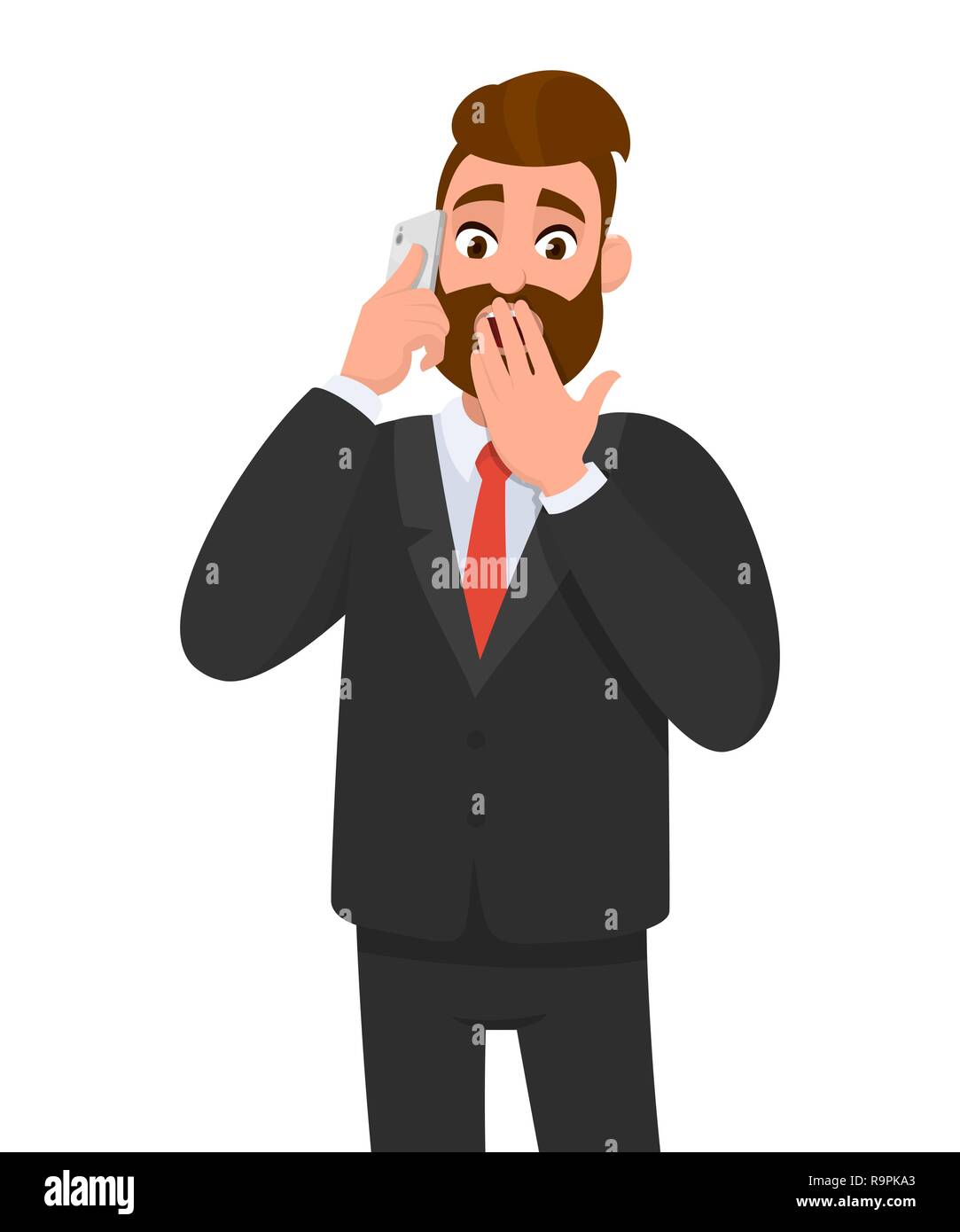 Scioccato imprenditore parlando al telefono intelligente e che copre la bocca. Stupiti man chiuso la bocca con la mano. Emozione umana e il linguaggio del corpo del concetto. Illustrazione Vettoriale