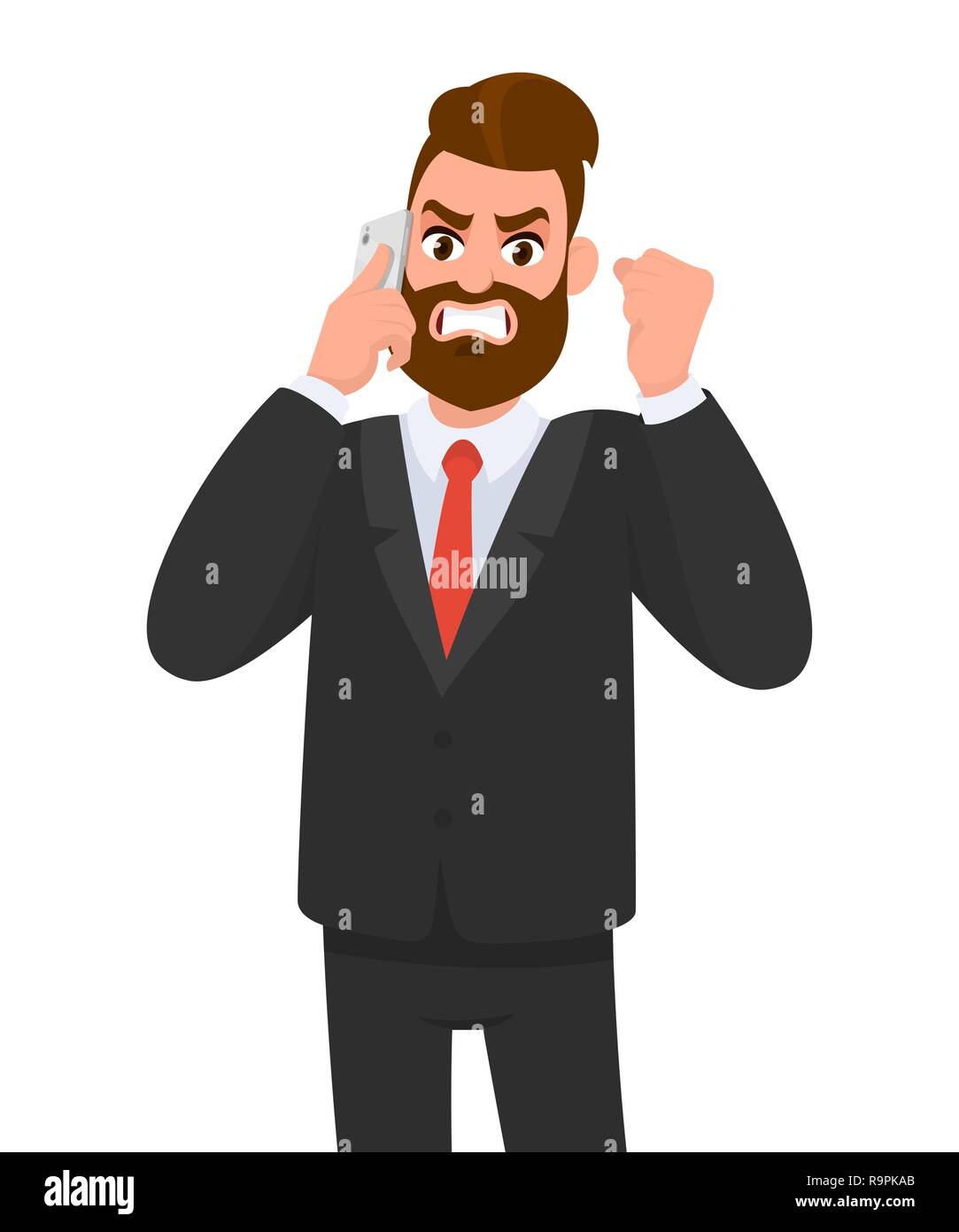 Arrabbiati e frustrati imprenditore parlando al telefono cellulare e sollevamento di pugno. Il male, negativo, cattiva espressione del viso. Emozioni umane concetto vettore. Illustrazione Vettoriale