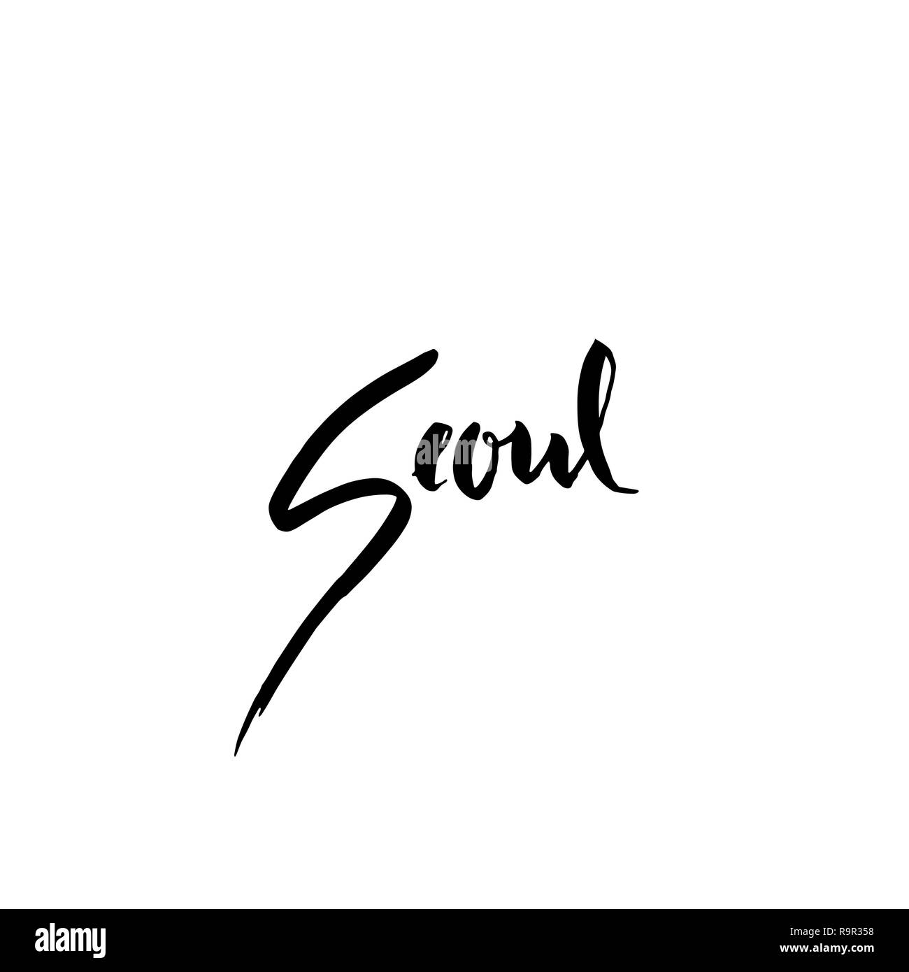 Seul in Corea. Tipografia pennello asciutto lettering design. Disegnato a mano poster di calligrafia. Illustrazione Vettoriale. Illustrazione Vettoriale