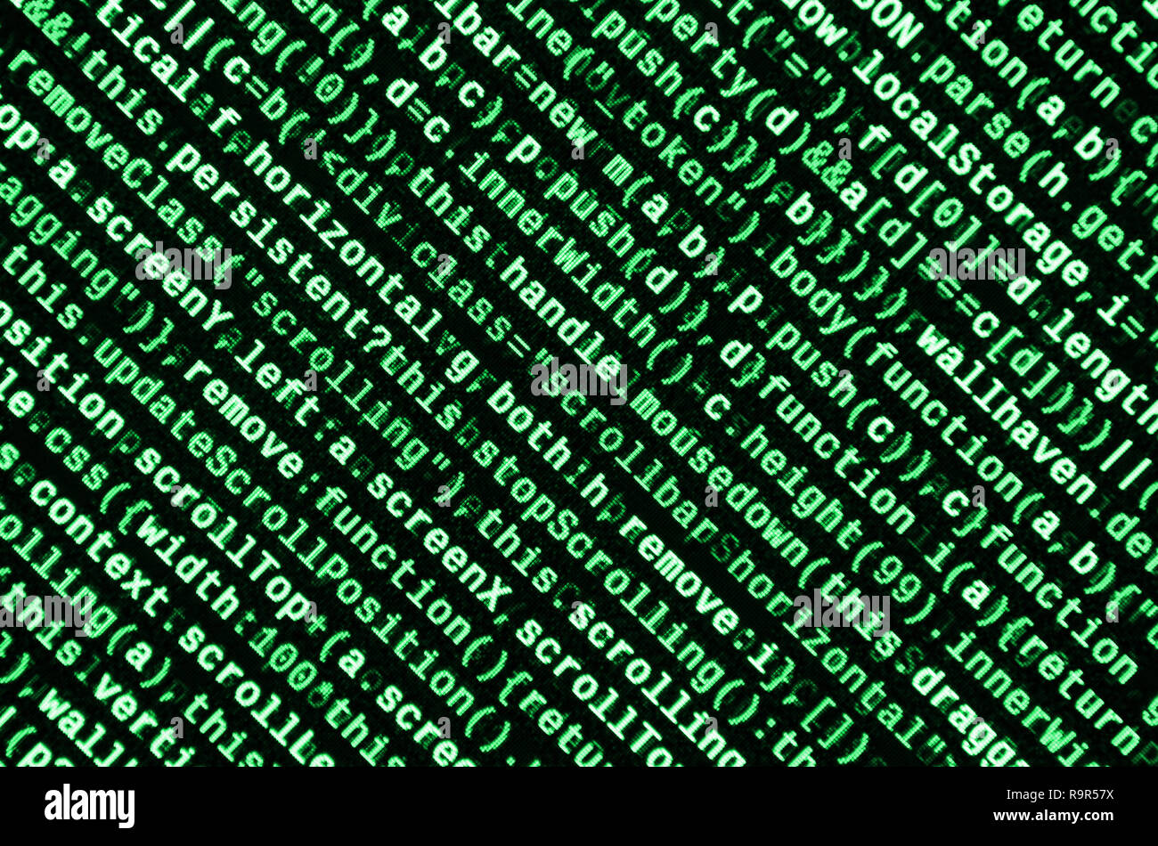 Funzioni di Javascript, variabili di oggetti. Primo piano del monitor della funzione del codice sorgente. Specialista IT sul posto di lavoro. Grande dati e Internet delle cose la tendenza. HTM Foto Stock