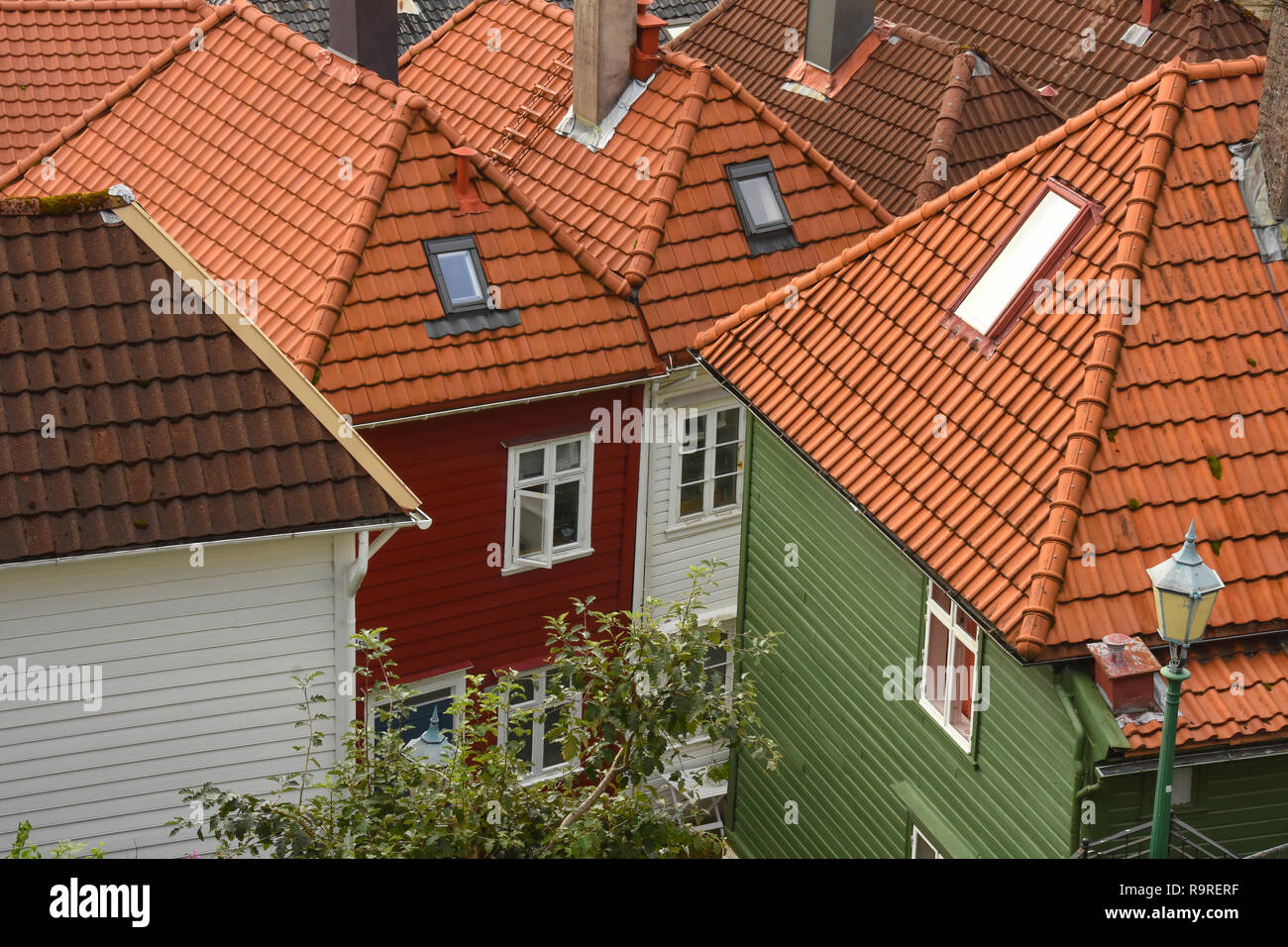 Colorate case tradizionali con il tetto rosso , Bergen, Norvegia Foto Stock