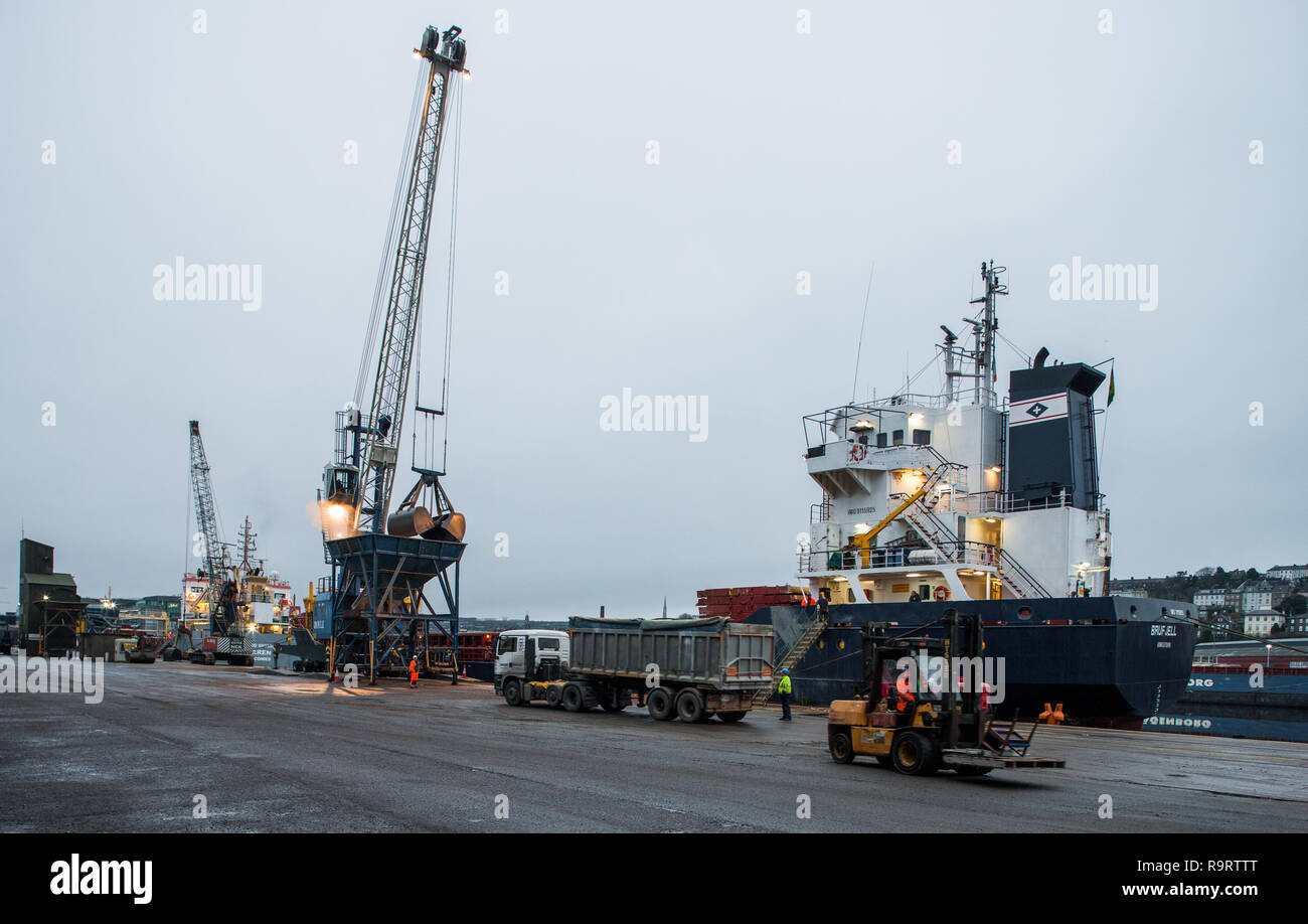 La città di Cork, Cork, Irlanda. 28 dicembre, 2018. Nave cargo Brufjell offload della alimentazione animale su Kennedy Quay, Cork, Irlanda. Credito: David Creedon/Alamy Live News Foto Stock