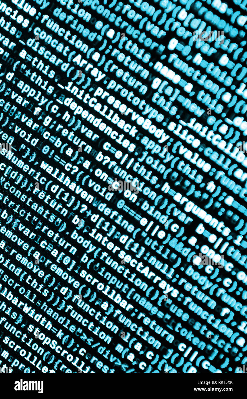 Funzioni di Javascript, variabili di oggetti. Primo piano del monitor della funzione del codice sorgente. Specialista IT sul posto di lavoro. Grande dati e Internet delle cose la tendenza. HTM Foto Stock