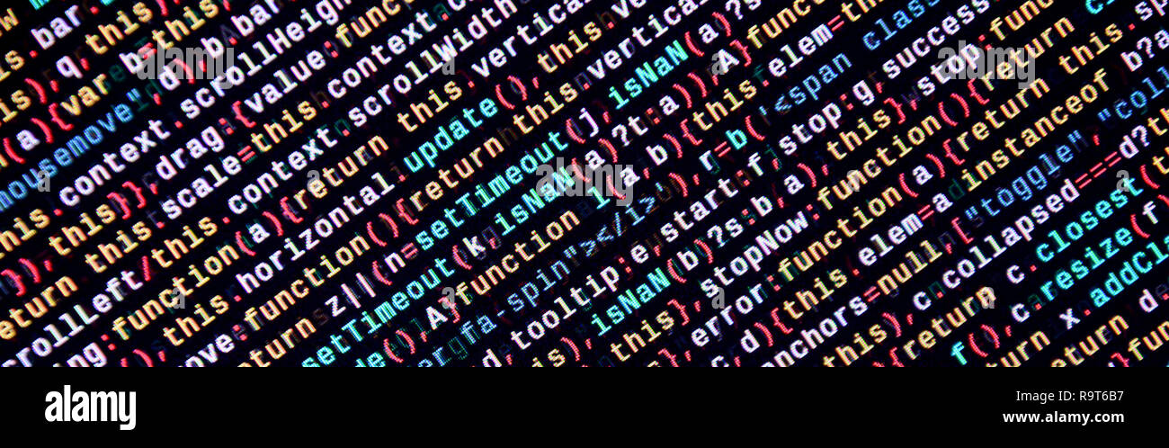 Funzioni di Javascript, variabili di oggetti. Primo piano del monitor della funzione del codice sorgente. Specialista IT sul posto di lavoro. Grande dati e Internet delle cose la tendenza. HTM Foto Stock