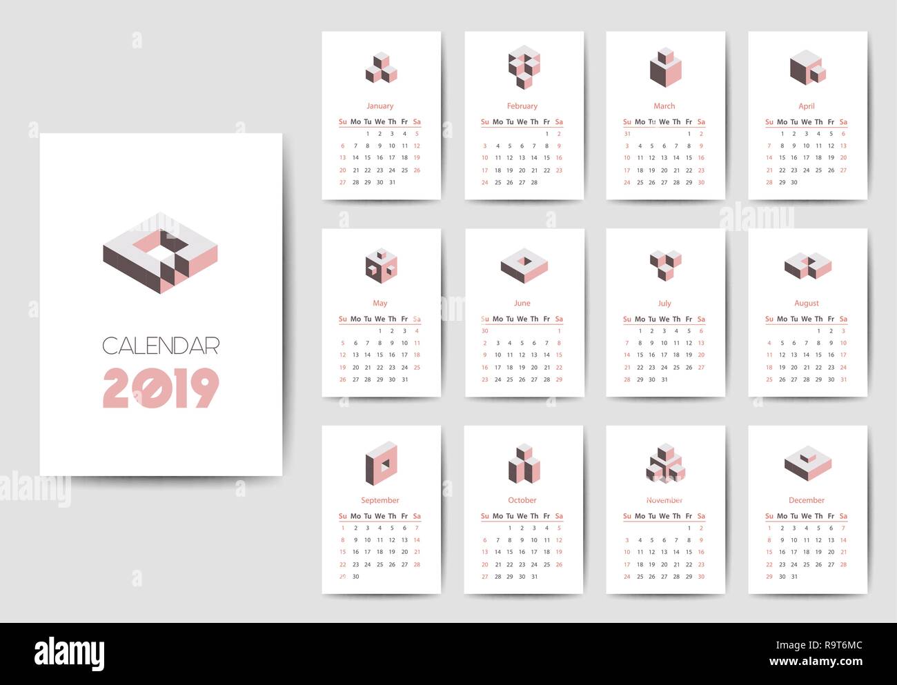 Il calendario 2019 template vettoriale in colori tenui Illustrazione Vettoriale