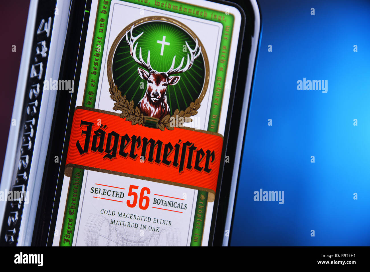 POZNAN, Polonia - Nov 29, 2018: Bottiglia di Jagermeister, Tedesco il digestivo realizzato con 56 erbe e spezie, il prodotto di punta del Mast-Jagermeister SE Foto Stock