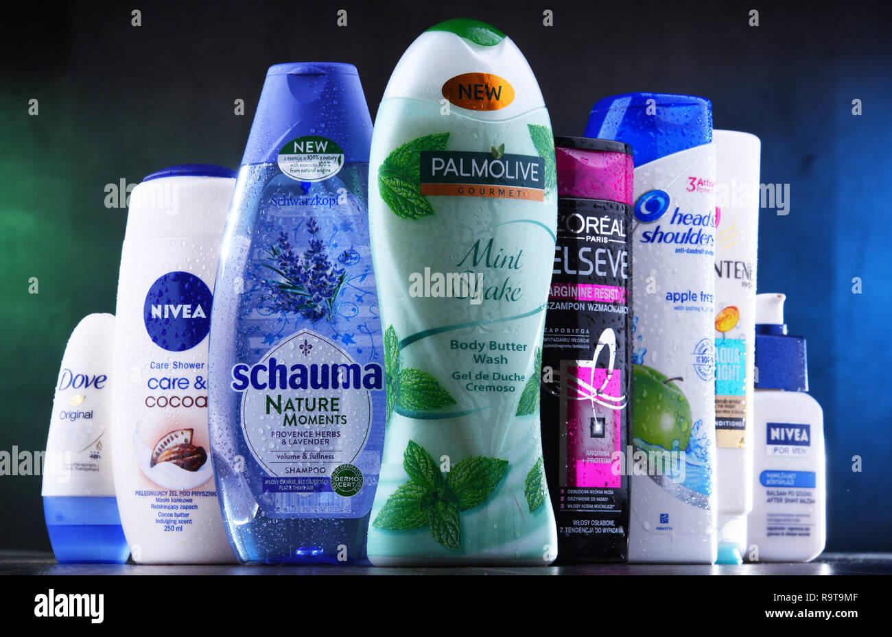 POZNAN, Polonia - 5 Dic, 2018: contenitori di plastica di prodotti per la cura del corpo comprese ampiamente disponibili più popolari marchi globali come LOreal, Nivea, Colomba, P Foto Stock