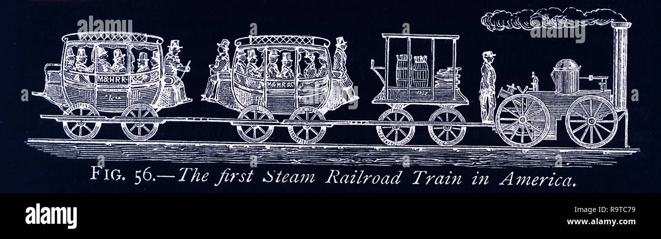 Questa illustrazione risale al 1870 e mostra la prima ferrovia a vapore in America - gli Stati Uniti. L'immagine viene da un dipinto in possesso del Connecticut Historical Society (nel 1870), e rappresenta il primo convoglio ferroviario in America sul suo viaggio di prova (1831), in cui sedici persone hanno preso parte, che sono state poi pensato non un po' di coraggio. Qui possiamo vedere che i carrelli sono state regolari stage coach. Questa figura dimostra che gli americani stabiliti con lo stesso stile di carrelli; ma l'America del Nord, come confrontato con il vecchio mondo, è per eccellenza il paese di rapi Foto Stock
