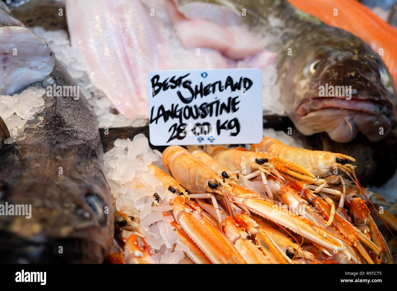 Borough Market seafood bancarella vendendo Best Shetland Langoustine crostacei dalla Scozia nel novembre Southwark Londra Sud Inghilterra UK KATHY DEWITT Foto Stock