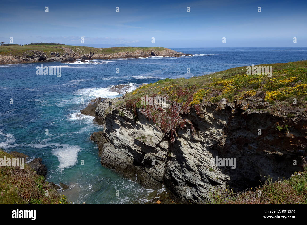 Promontorio costiero e rocce vicino a Ribadeo in Galizia Spagna settentrionale Foto Stock