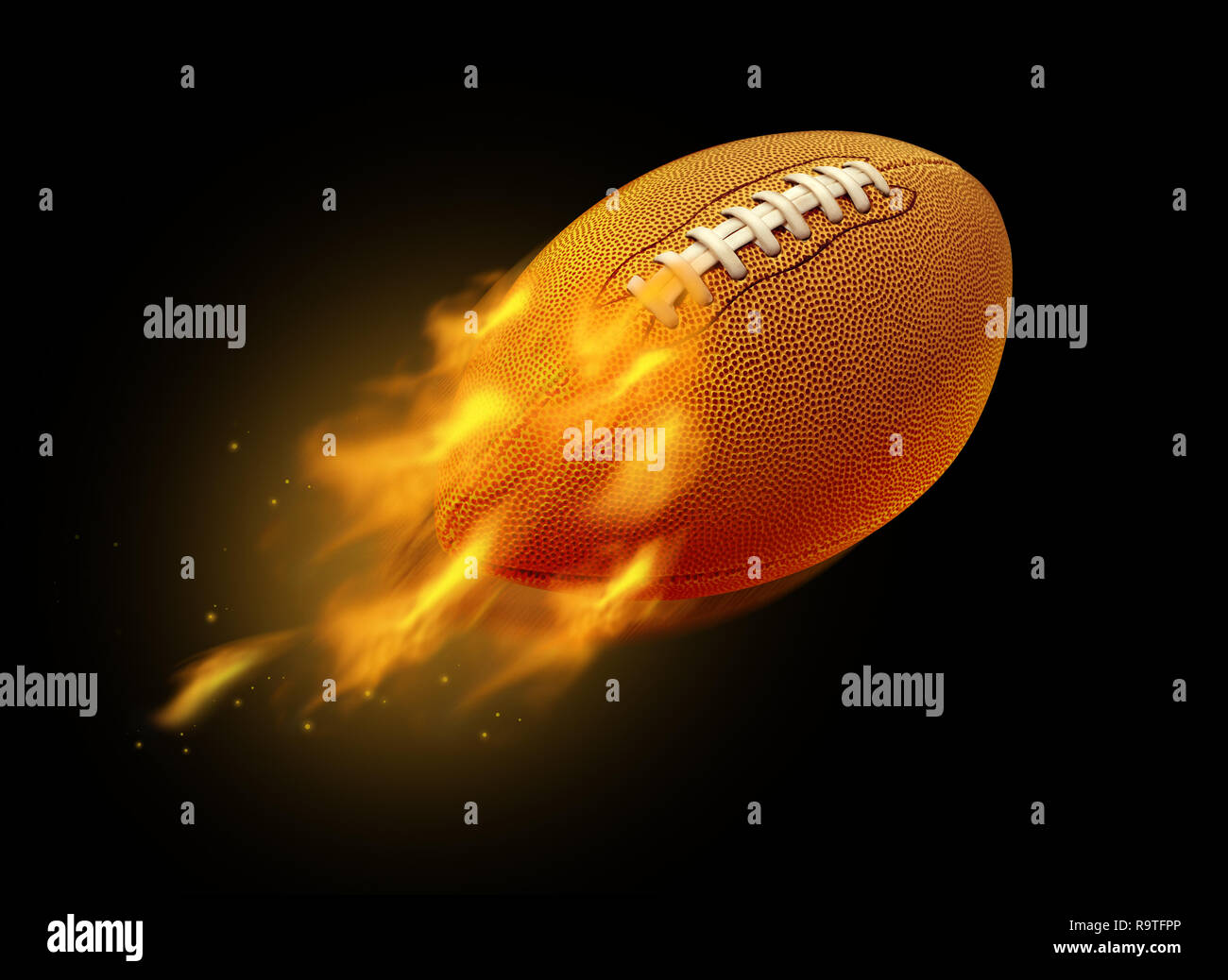 Battenti la masterizzazione di football americano con fiamme su uno sfondo nero con 3D'illustrazione degli elementi. Foto Stock