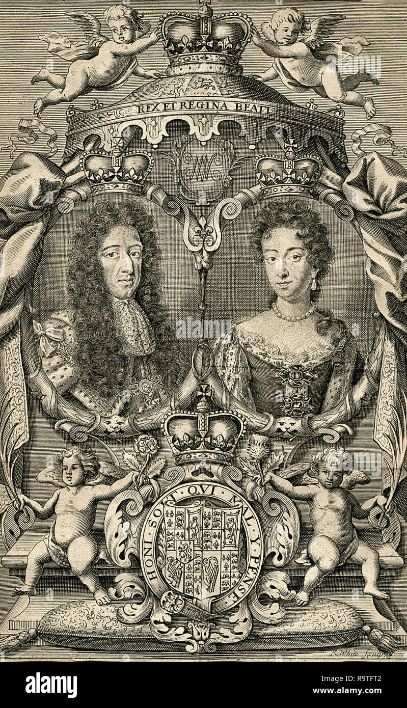 Incisione di re Guglielmo III e sua moglie la regina Maria che hanno condiviso la monarchia inglese nel tardo XVII secolo, circa 1690 Foto Stock