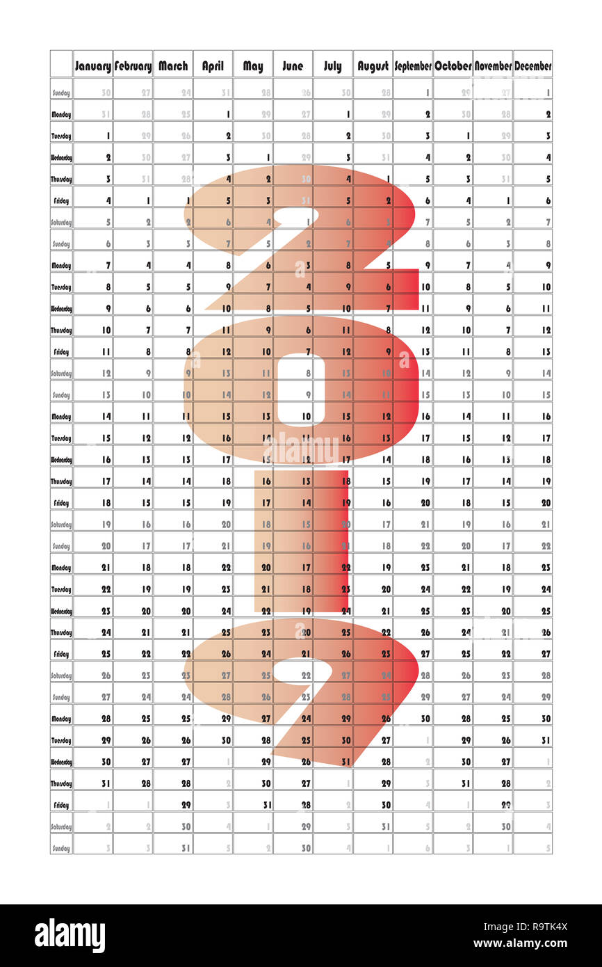 2019 Coral domenica planner ritratto colonna mensile Foto Stock