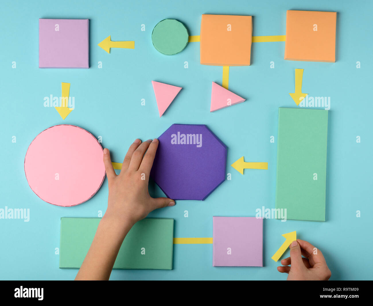 Algoritmo di carta a colori modello, laici piana. Capacità organizzative, strategia aziendale concetto. Foto Stock