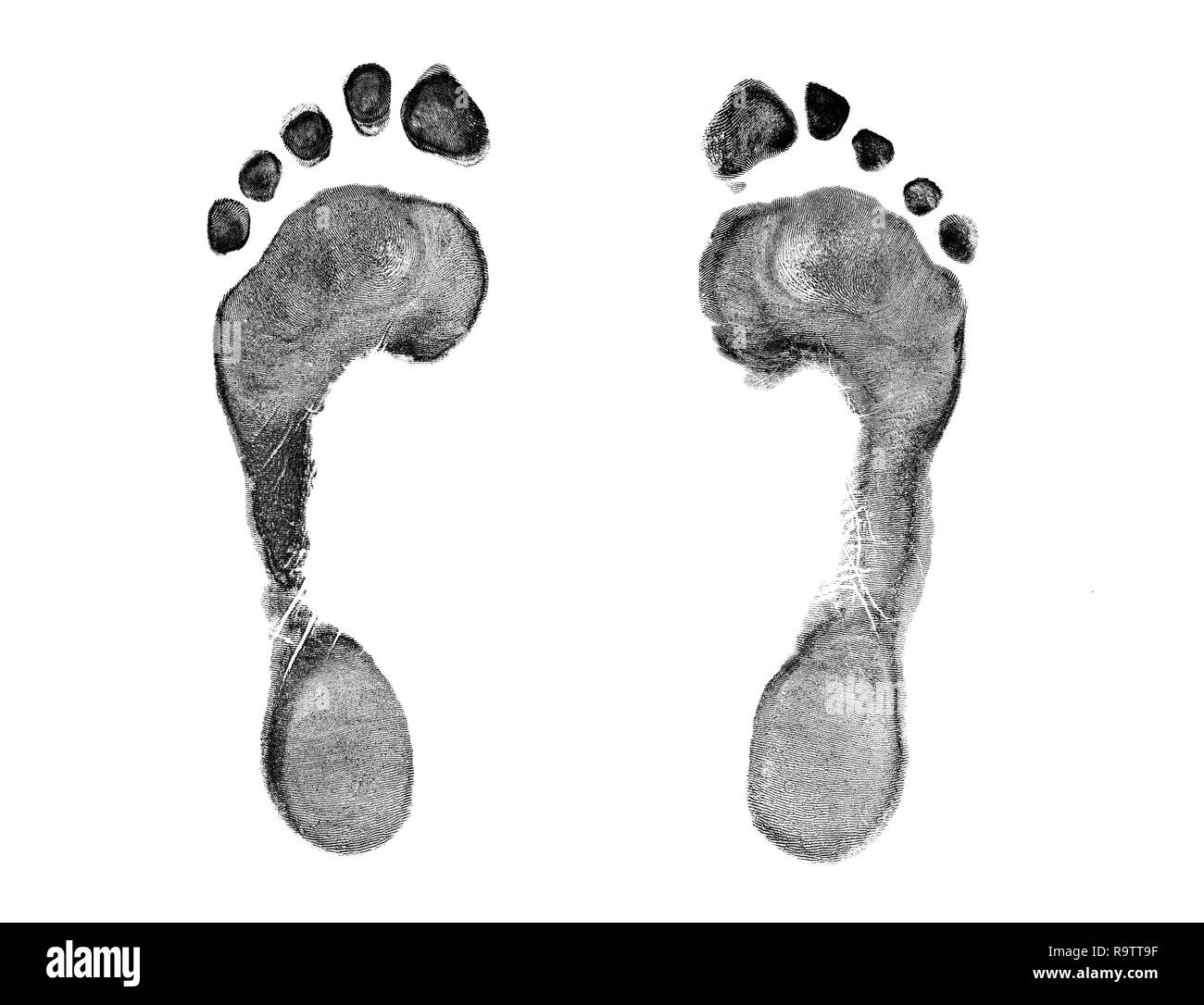 Nero stampa di piedi su carta trasparente. Ingombro nero. Isolato su bianco. Foto Stock