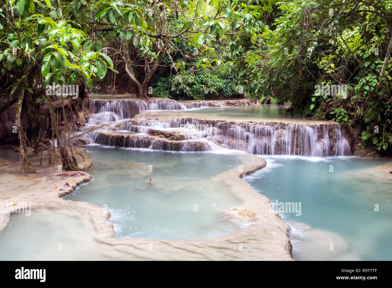 Kuang Si Waterall vicino a Luang Prabang, Laos - esotica piscine a cascata di travertino acque blu turchese in Asia Foto Stock