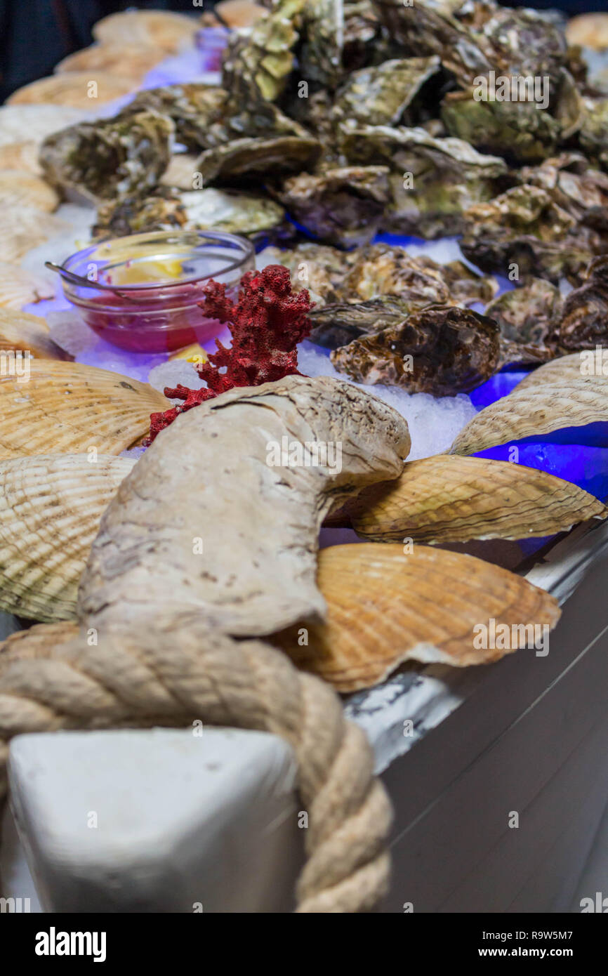 Ostriche con il condimento sul tavolo con ghiaccio. Corporativo Foto Stock
