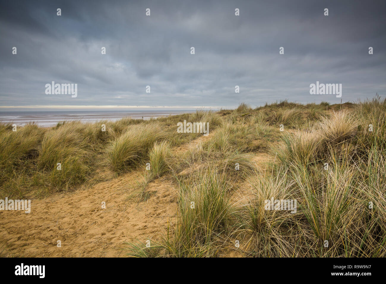 Le dune di sabbia dietro una spiaggia sulla costa di Norfolk Foto Stock