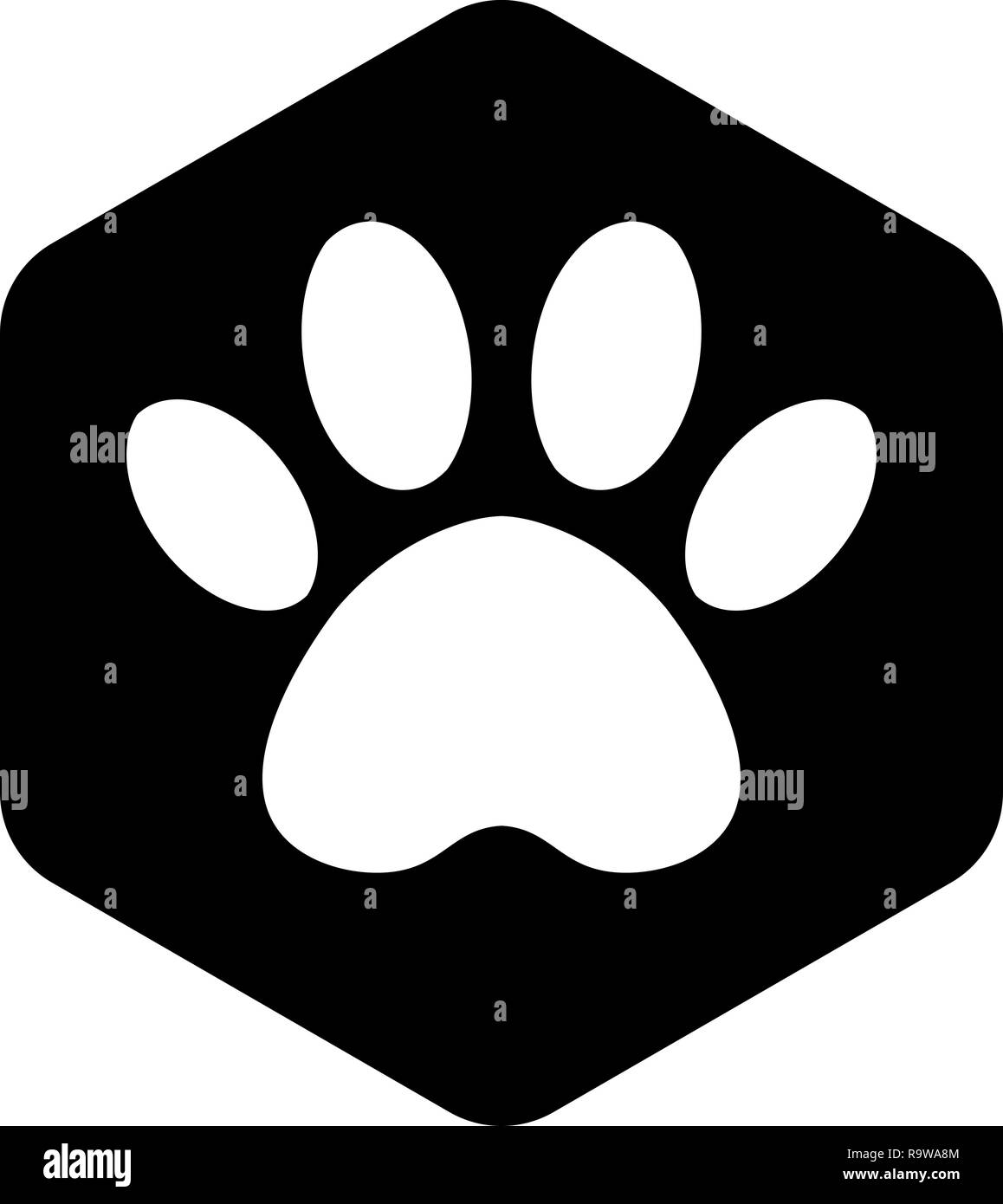 Footprint animale esagonale. logo nero vettore forma esagonale icona con gli animali. Cat paw icone isolato. Illustrazione Vettoriale