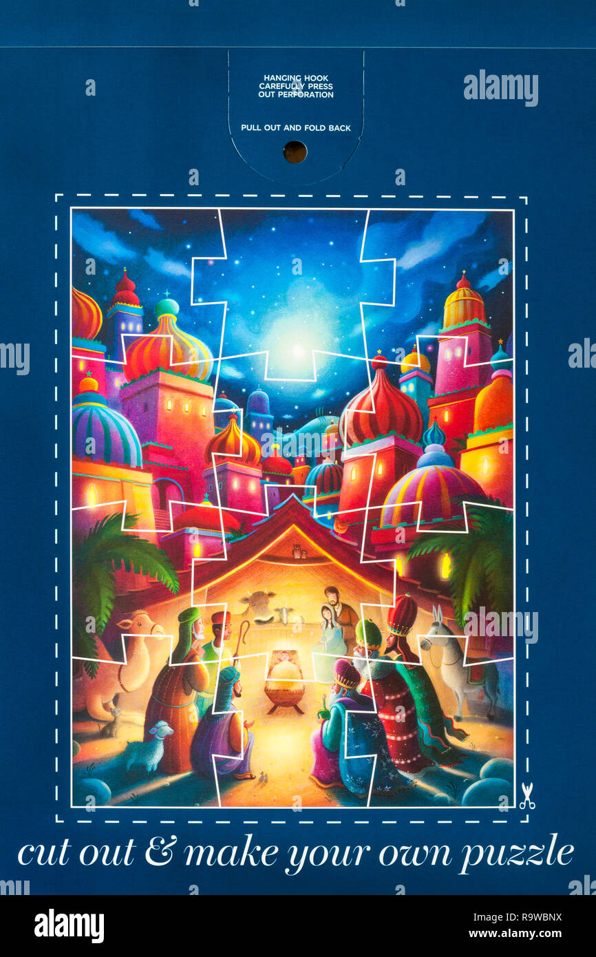 Calendario dell'avvento puzzle sul retro di M&S Natività Avvento Calendario - tagliare e fare il vostro proprio puzzle Foto Stock
