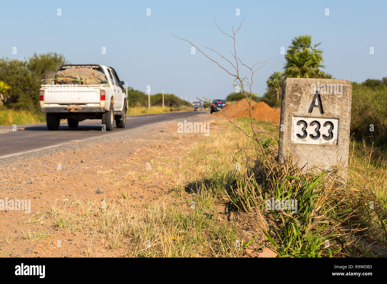 Pickup truck fretta da una pietra miliare333 (chilometro mark) lungo l'autostrada numero 9 Ruta Transchaco, Gran Chaco, Paraguay, l'America Latina, America del Sud Foto Stock