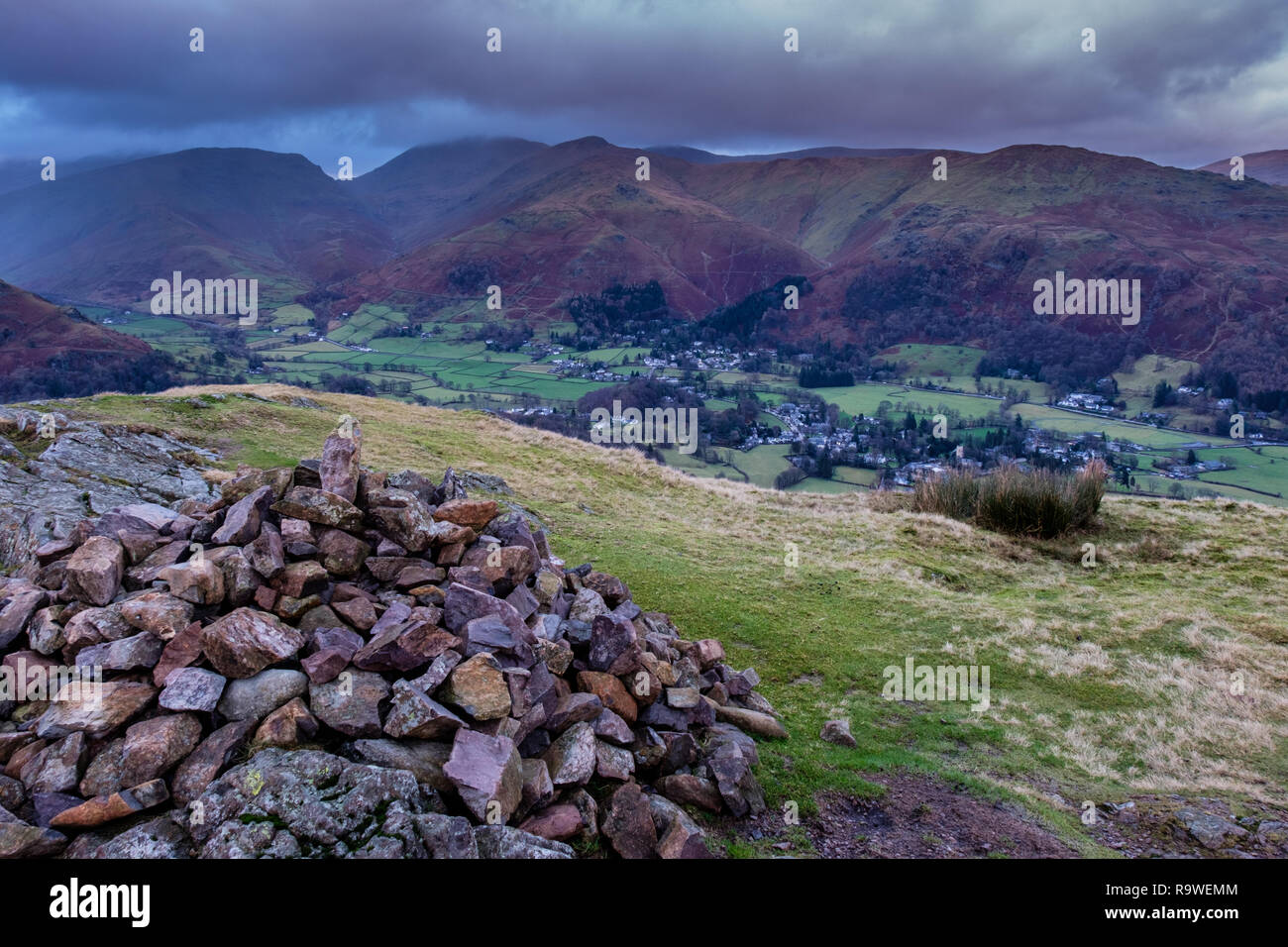 Grasmere visto dalla vetta di argento come, vicino a Grasmere, Lake District, Cumbria Foto Stock