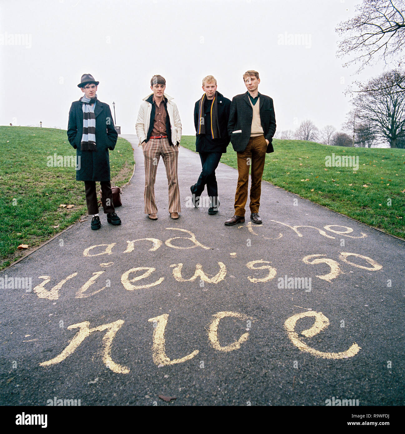 British pop band Franz Ferdinand fotografato il Primrose Hill nel 2003, Londra, Inghilterra, Regno Unito. Foto Stock