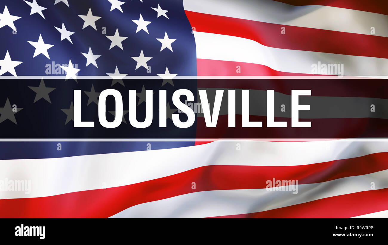 Città di Louisville su una bandiera degli Stati Uniti di sfondo, rendering 3D. Stati Uniti d'America bandiera sventolare nel vento. Fiera bandiera americana sventolare, noi ci Louisville Foto Stock