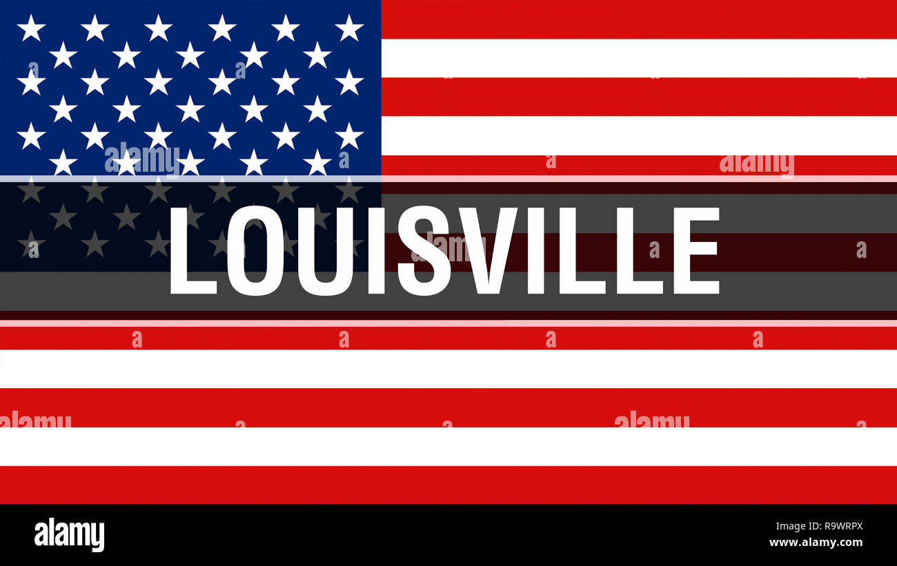 Città di Louisville su una bandiera degli Stati Uniti di sfondo, rendering 3D. Stati Uniti d'America bandiera sventolare nel vento. Fiera bandiera americana sventolare, noi ci Louisville Foto Stock