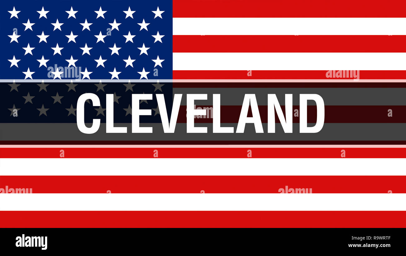 Cleveland city su una bandiera degli Stati Uniti di sfondo, rendering 3D. Stati Uniti d'America bandiera sventolare nel vento. Fiera bandiera americana sventolare, noi Cleveland city Foto Stock