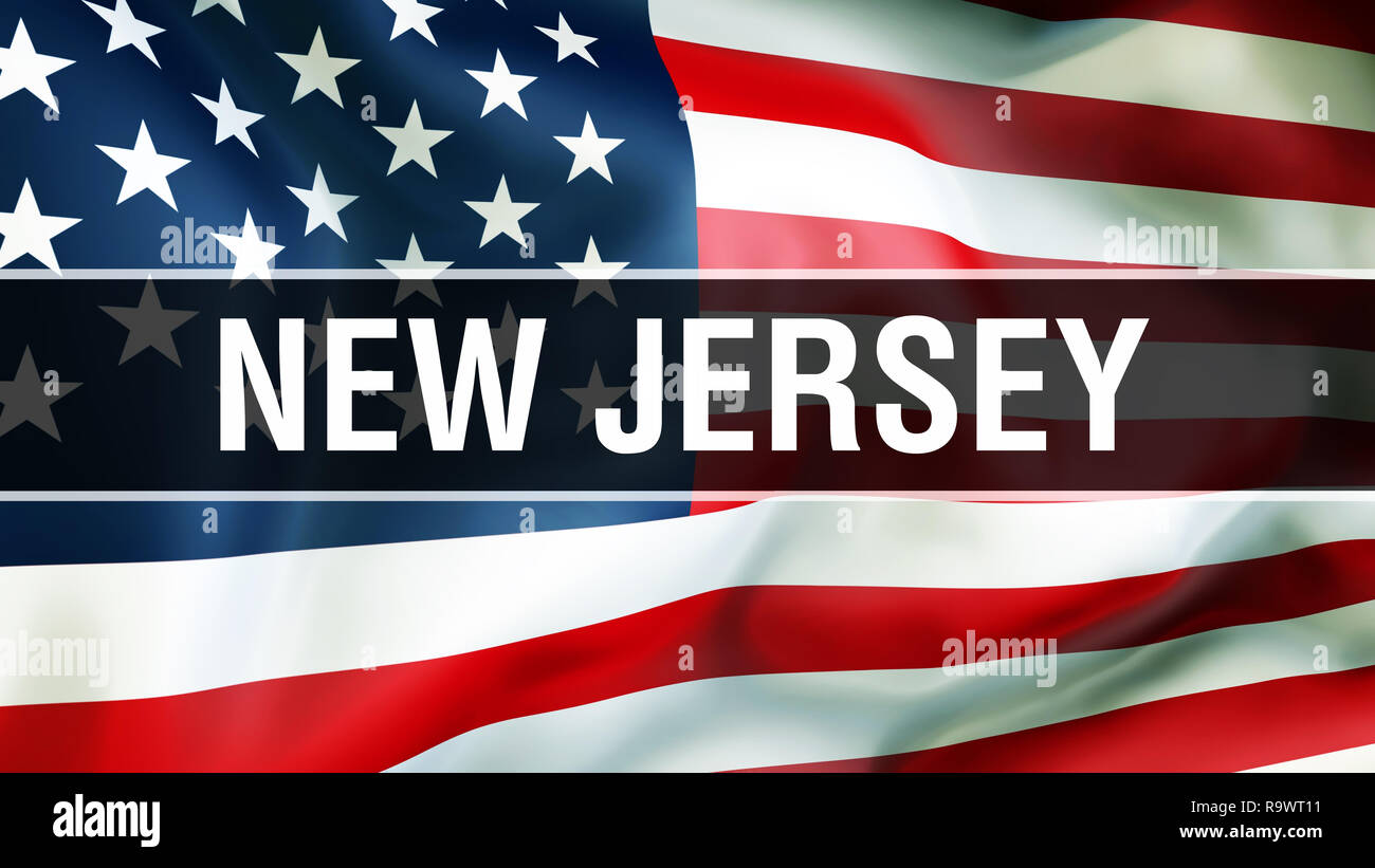 New Jersey stato su una bandiera degli Stati Uniti di sfondo, rendering 3D. Stati Uniti d'America bandiera sventolare nel vento. Fiera bandiera americana sventolare, US New Jersey s Foto Stock
