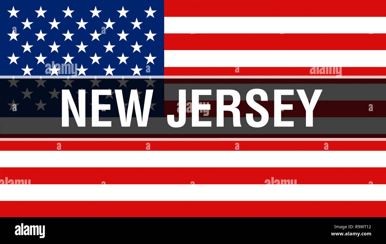 New Jersey stato su una bandiera degli Stati Uniti di sfondo, rendering 3D. Stati Uniti d'America bandiera sventolare nel vento. Fiera bandiera americana sventolare, US New Jersey s Foto Stock