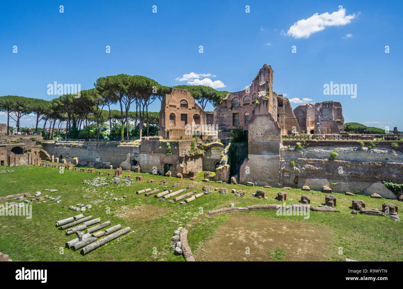 Vista della Stadion di Domiziano presso il palazzo di Domiziano sul colle Palatino, Roma, Italia Foto Stock