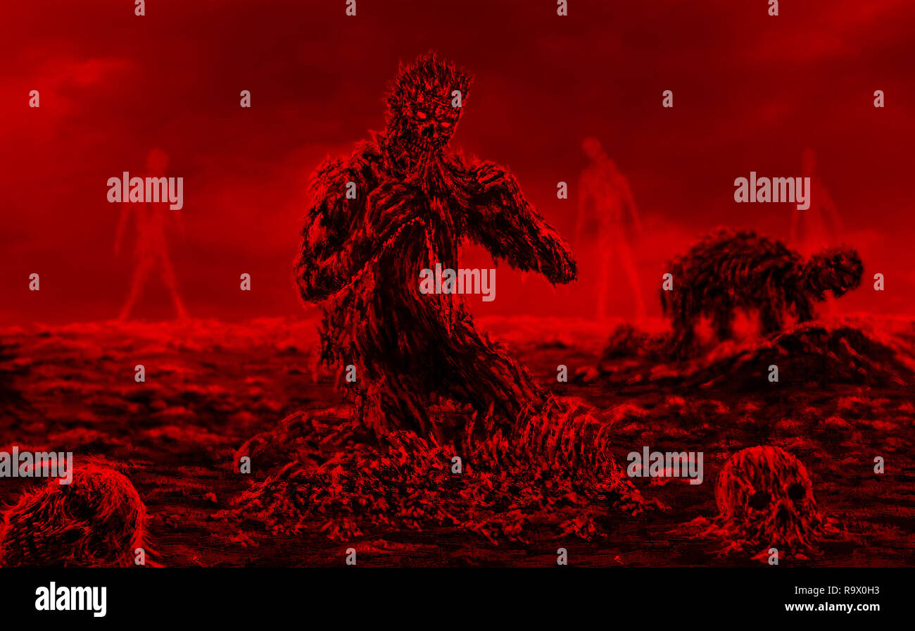 Scary zombie si siede e si mangia su sfondo rosso. Illustrazione in genere horror. Foto Stock