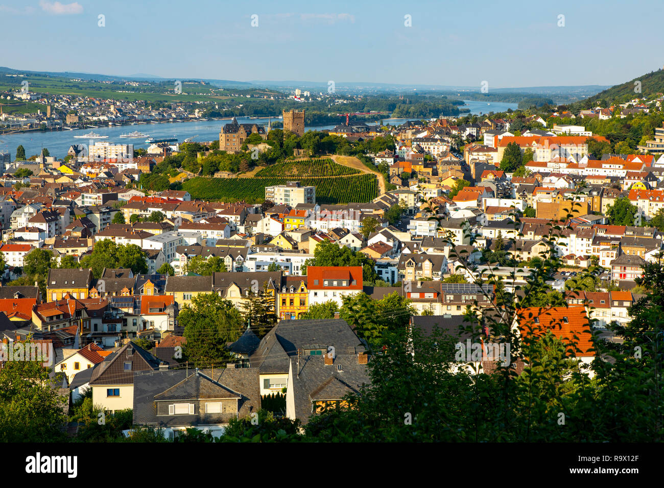 Bingen am Rhein, Oberes Mittelrheintal, UNESCO Welterbe, hinten Rüdesheim, Burg Klopp, Foto Stock