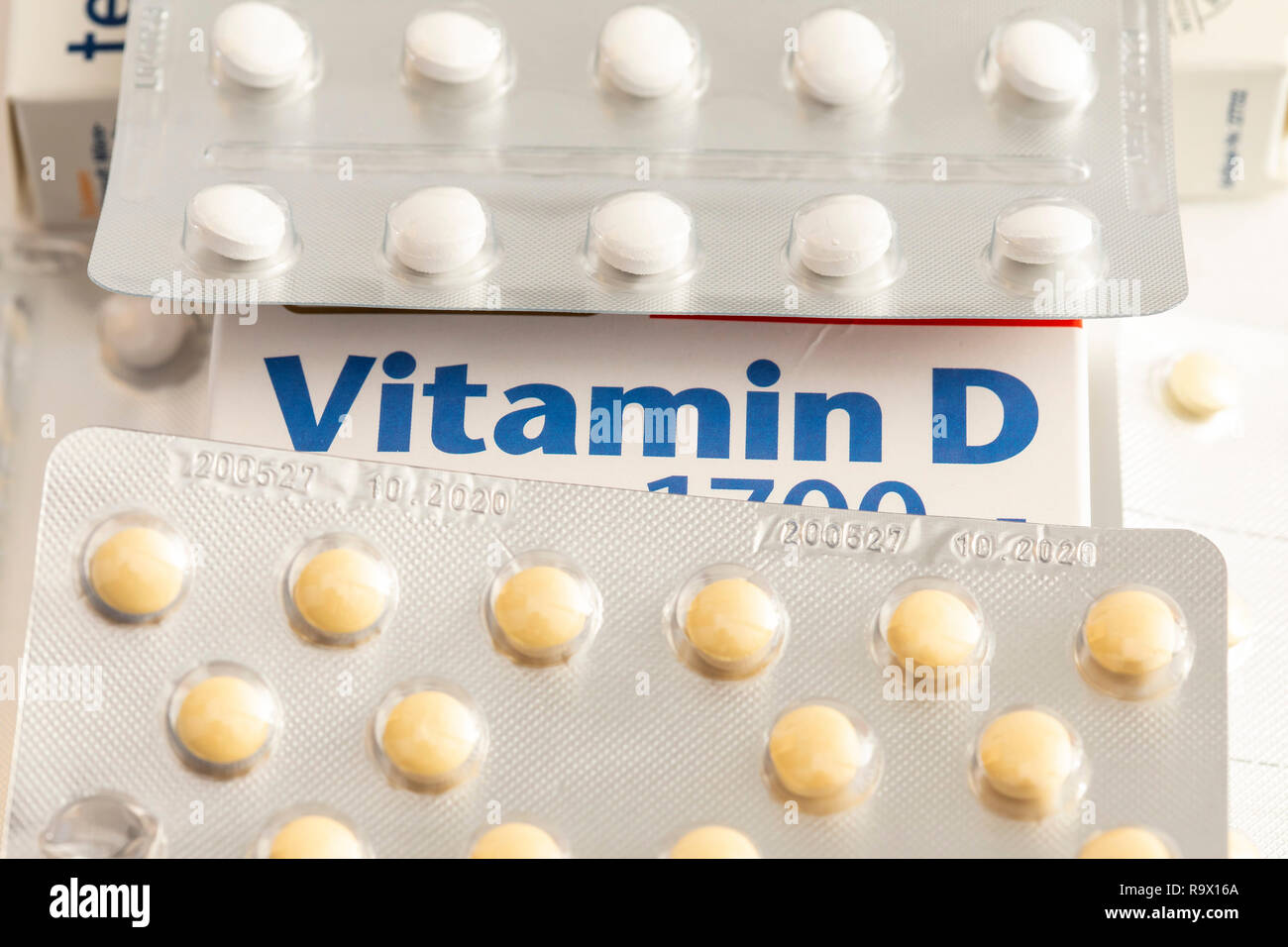 La vitamina D compresse pack, la preparazione è destinata ad integrare la carenza di vitamina D, da bassa radiazione solare, per esempio in inverno, Foto Stock
