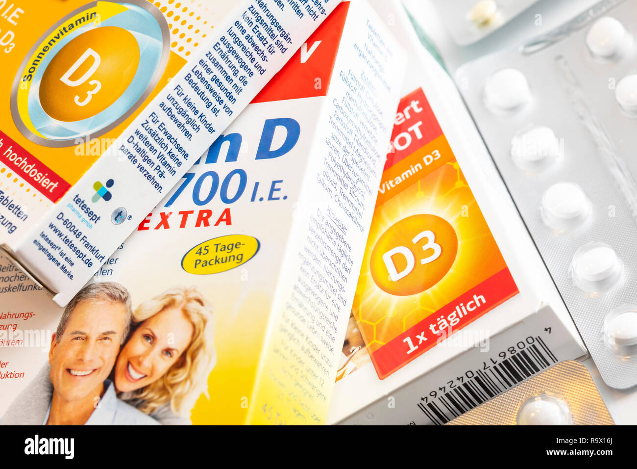 La vitamina D compresse pack, la preparazione è destinata ad integrare la carenza di vitamina D, da bassa radiazione solare, per esempio in inverno, Foto Stock