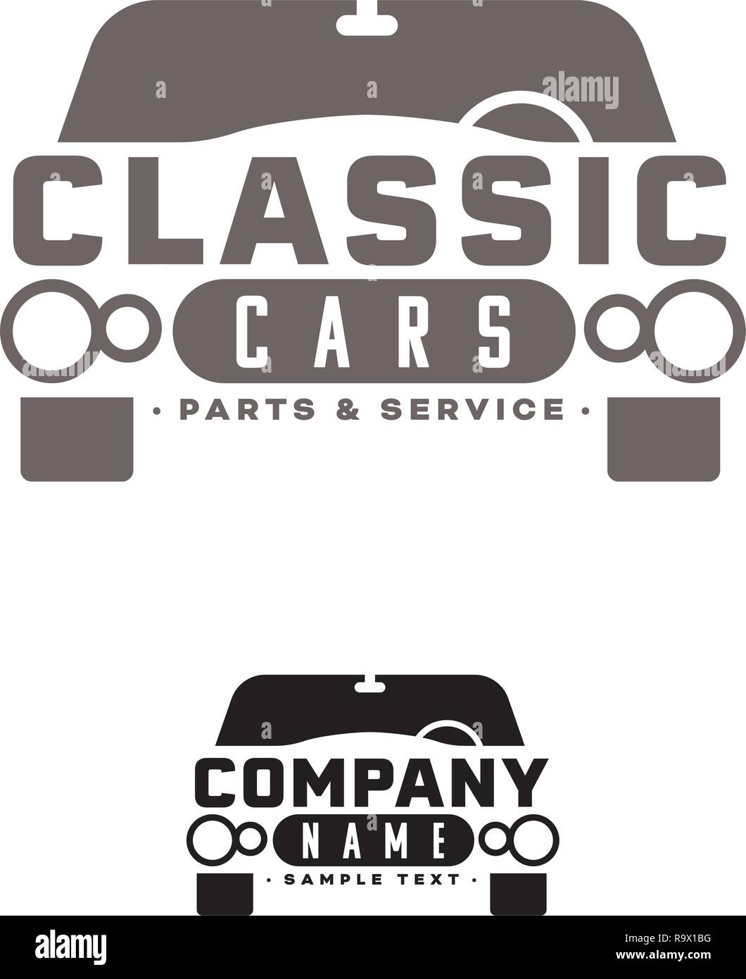 Company logo vettoriale modello per le auto d epoca concessionaria o garage con la classica limousine. Testo di esempio su livelli separati. Illustrazione Vettoriale