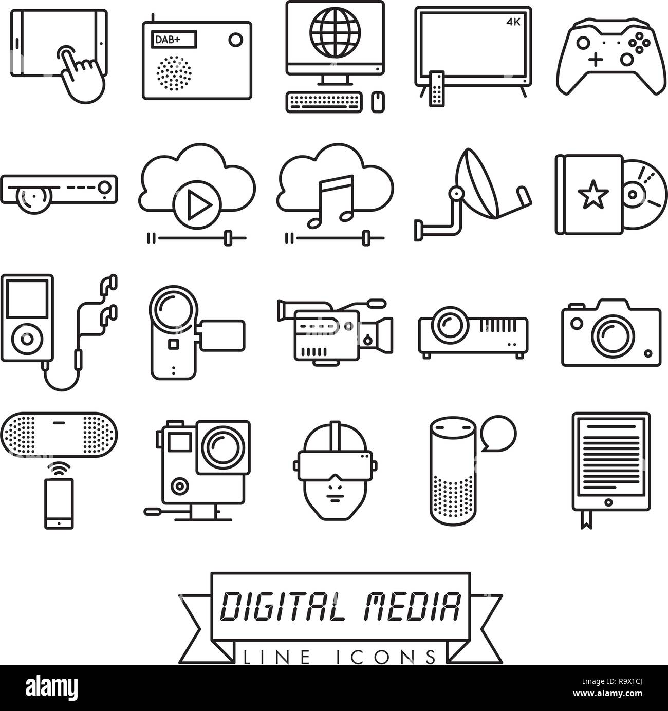 Collezione di supporti digitali e attrezzature linea del vettore icone. La moderna tecnologia dei simboli. Illustrazione Vettoriale