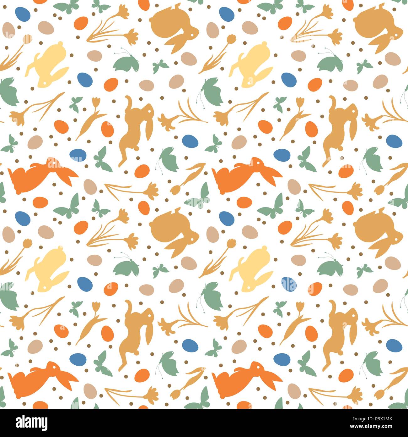 Vacanze di Pasqua a vettore seamless pattern con coniglietti, fiori e farfalle e uova su sfondo bianco Illustrazione Vettoriale