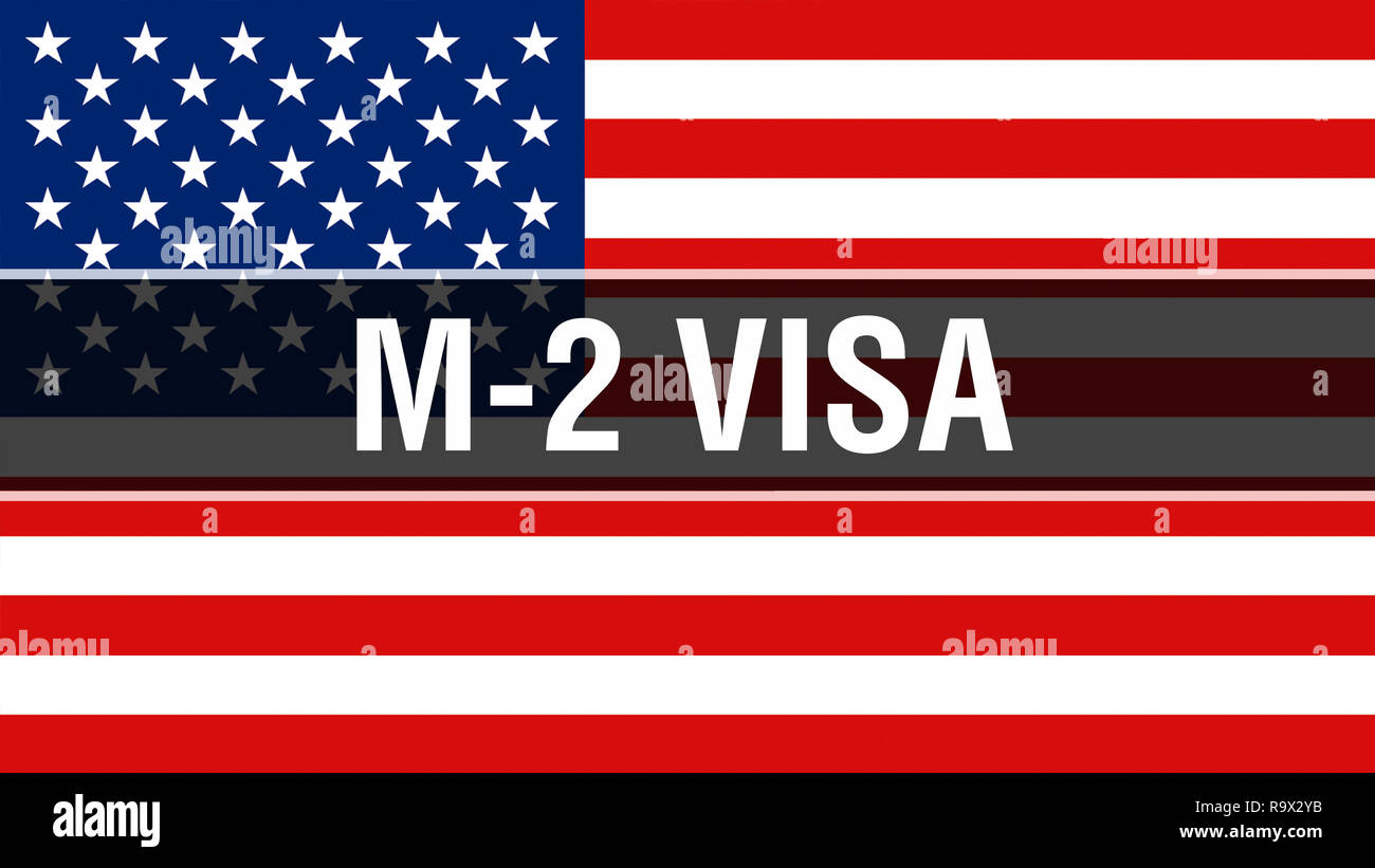 M-2 Visa su una bandiera degli Stati Uniti di sfondo, rendering 3D. Stati Uniti d'America bandiera sventolare nel vento. Fiera bandiera americana sventolare, American M-2 Visa conce Foto Stock