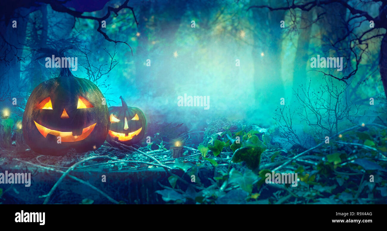 Tema Halloween con zucche e foresta scura. Scary Halloween design sul tavolo Foto Stock