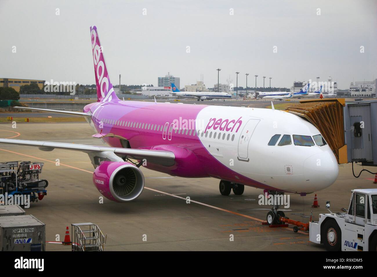 TOKYO, Giappone - 21 novembre 2016: Peach compagnia Airbus A320 all'Aeroporto Narita di Tokyo. L'aeroporto è il secondo aeroporto più trafficato del Giappone (dopo Haneda) Foto Stock