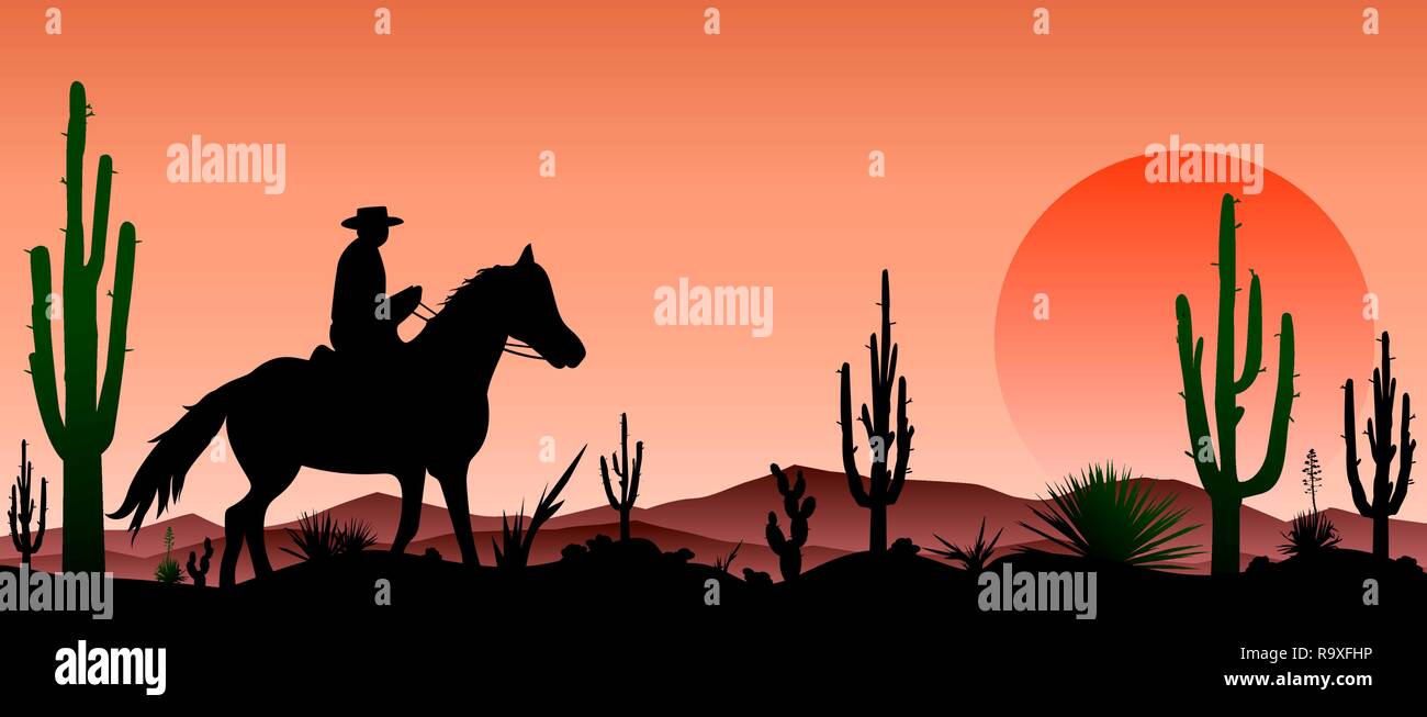 Cavaliere a cavallo nel deserto, contro lo sfondo di cactus e tramonti. Tramonto nel deserto pietroso. Silhouette rider su un cavallo , sagome st Illustrazione Vettoriale