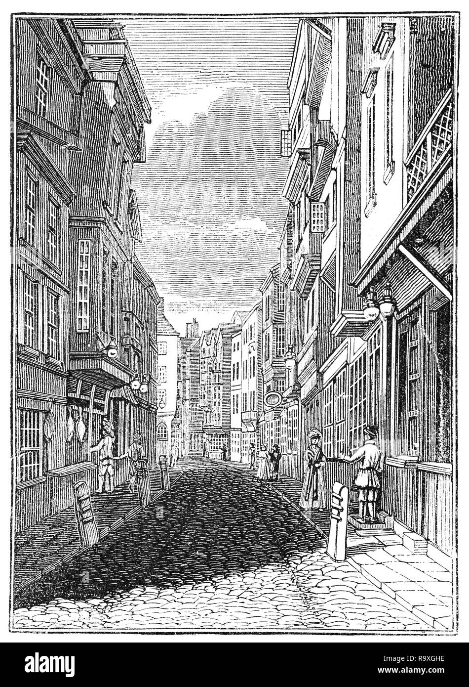 Una vista fino Butcher Row, concessi ai macellai da re Edoardo I, da Temple Bar. Pur essendo una strada molto stretta è stato uno dei principali accessi alla città di Londra, Inghilterra Foto Stock