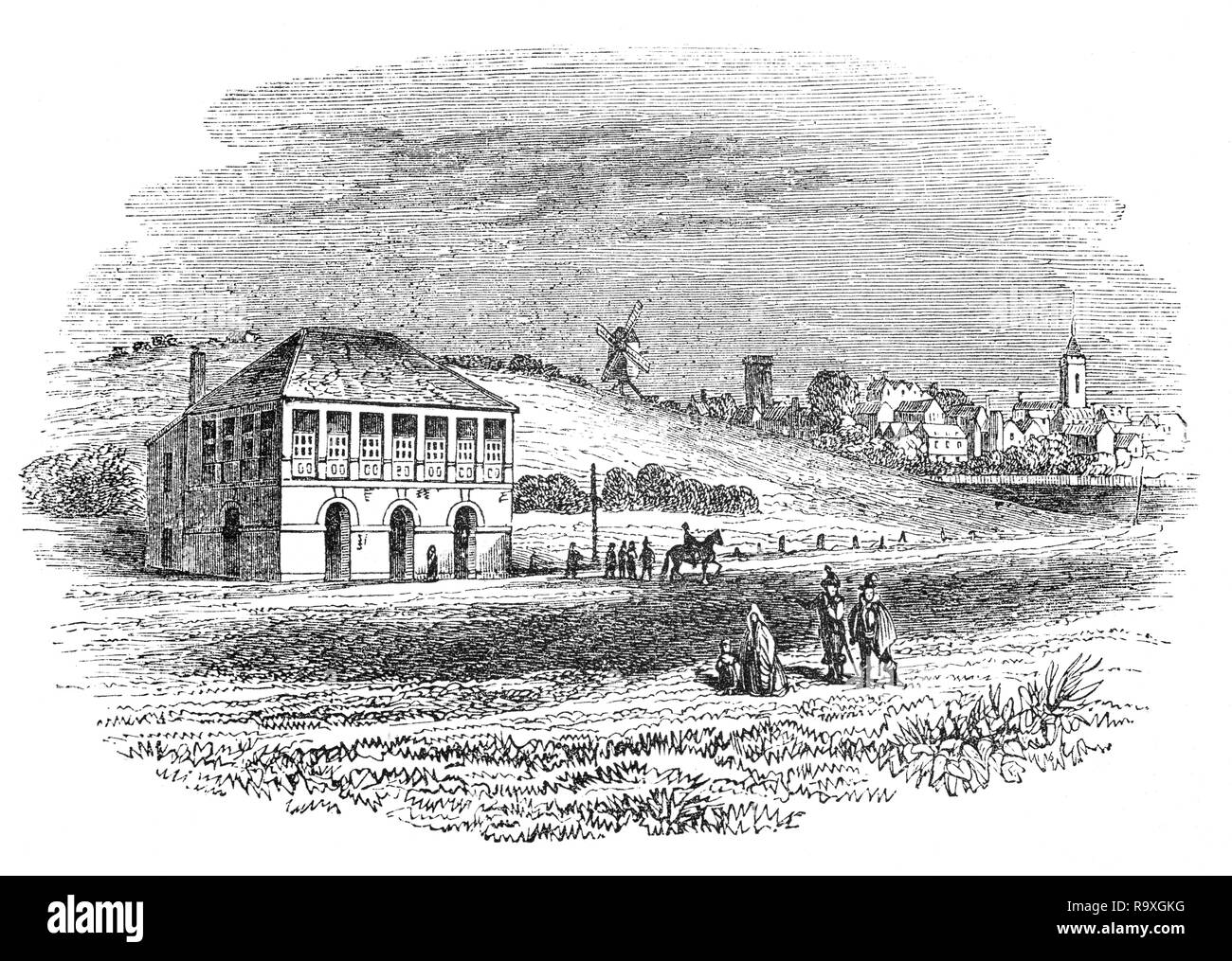 Newmarket Racecourse, è un cittadino britannico di corse di cavalli purosangue sede nella città di Newmarket, Suffolk, Inghilterra. Racing in Newmarket è stata registrata nel tempo di Giacomo I e Carlo II era noto per partecipare alle gare su Newmarket Heath con suo fratello, il futuro James II. Il primo registrato gara è stata una partita per £100 tra i cavalli di proprietà di Lord Salisbury e Marchese di Buckingham in 1622. L'ippodromo di per sé è stata fondata nel 1636. Intorno al 1665, Charles ha inaugurato la città di Newmarket piastra e nel 1671 divenne il primo e unico monarca regnante di cavalcare un vincitore. Foto Stock