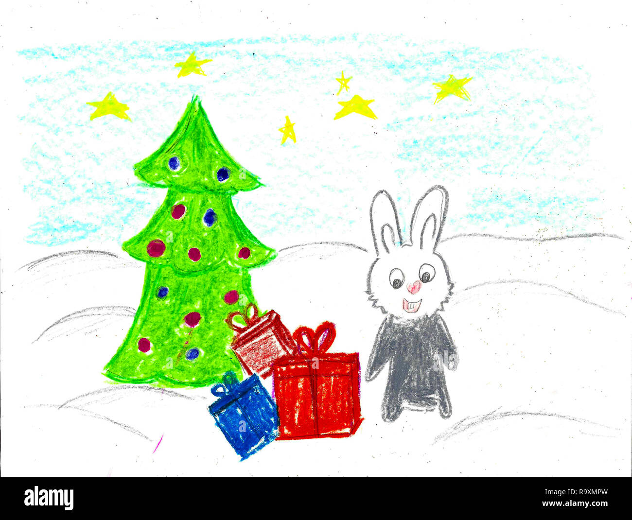 Coniglio Grigio Tenuto Presenta E Albero Di Natale Neve