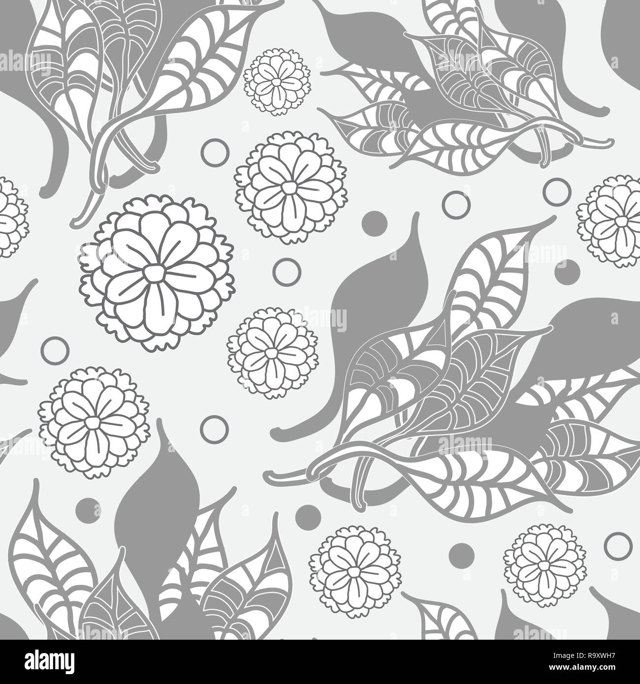 Fiori e Leaves-Flowers in Bloom seamless schema di ripetizione sfondo in bianco e nero. Modello di delicato sottofondo. Superficie design pattern, perfetto per tessuto, scrapbook, carta da parati. Illustrazione Vettoriale