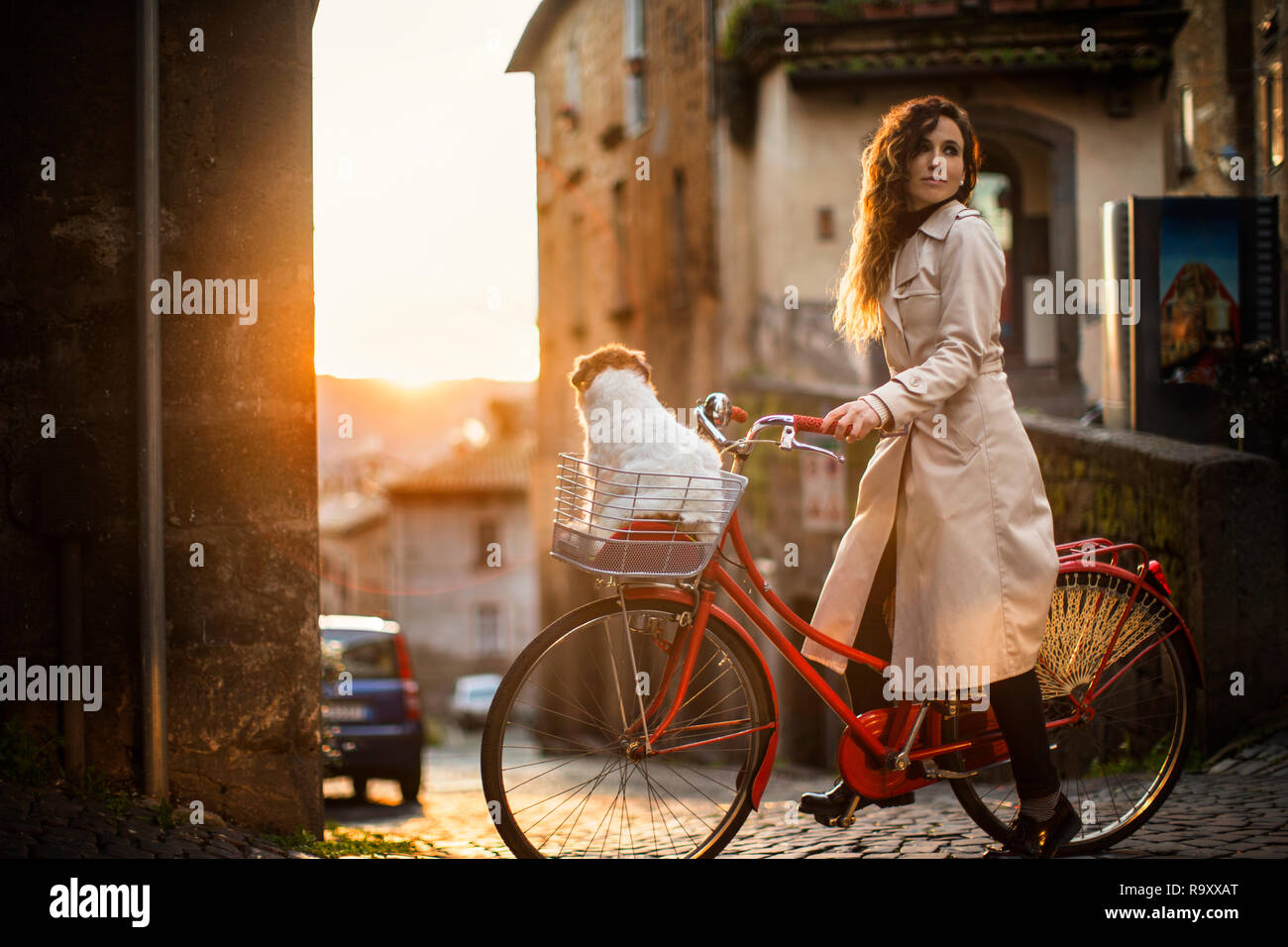 Felice imprenditrice prendendo una pausa da una finestra. Foto Stock